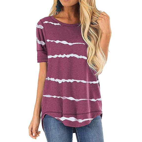 Aloohaidyvio Short Sleeve Womens Tops,Womens Summer Striped Round Neck Solid Color Short Sleeve T-Shirt Tops