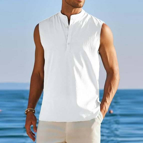 Aloohaidyvio Sleeveless Beach Shirts for Men 100% Cotton Summer Tank Shirts Casual Henley Tank Top White 2XL