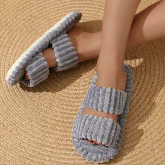 Aloohaidyvio Slippers for Women Crossbands House Bedroom Slides Linen Open Toe Cozy Corduroy Fuzzy Slide Sandals Indoor Outdoor Four Seasons