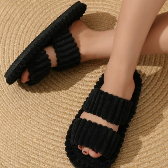 Aloohaidyvio Slippers for Women Crossbands House Bedroom Slides Linen Open Toe Cozy Corduroy Fuzzy Slide Sandals Indoor Outdoor Four Seasons