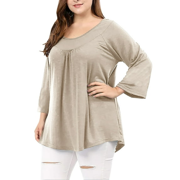 Aloohaidyvio Summer 3/4 Sleeve Tops for Women Summer Dressy Casual V Neck Shirts Ruffle Sleeve Loose Blouses Beige