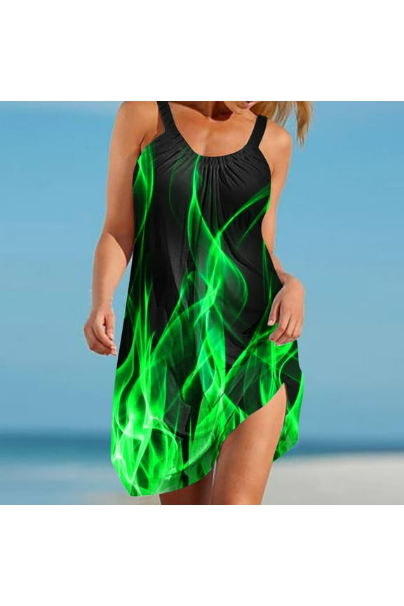 Summer Dresses for Women 2024,Womens Gradient Flame Print Beach Casual Loose Tank Dress Sleeveless Halter Dresses Green 2XL