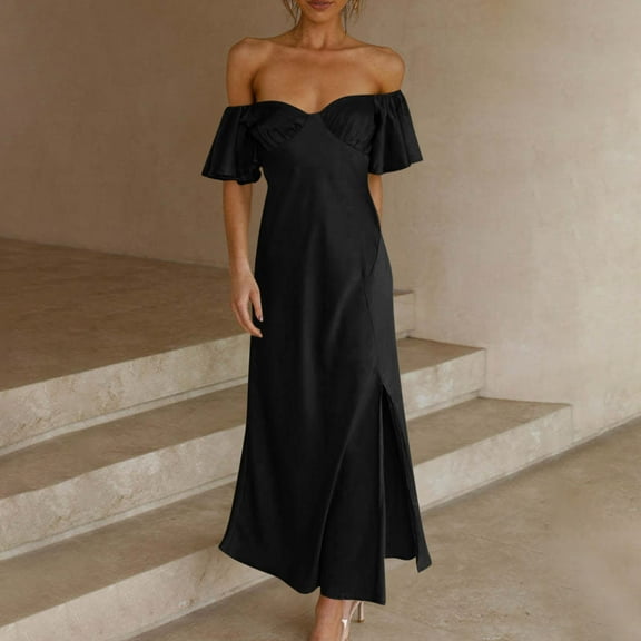 Aloohaidyvio Summer Dresses for Women 2024,Womens Summer Solid Color Short Sleeve V-Neck Long Dress Black L