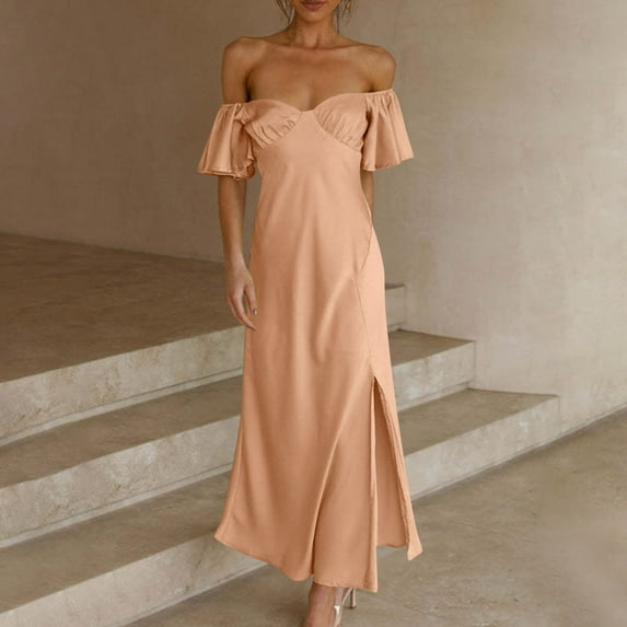 Aloohaidyvio Summer Dresses for Women 2024,Womens Summer Solid Color Short Sleeve V-Neck Long Dress Pink M