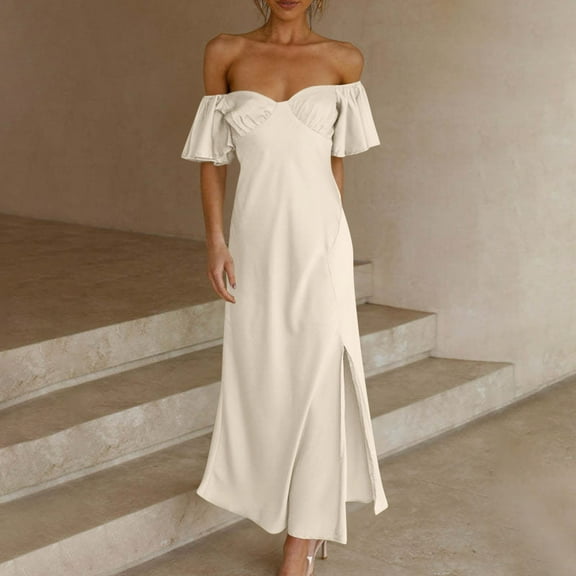 Aloohaidyvio Summer Dresses for Women 2024,Womens Summer Solid Color Short Sleeve V-Neck Long Dress White XL