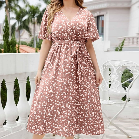 Aloohaidyvio Summer Spring Plus Size Dresses for Women 2024 Women's Oversize Casual Short Sleeve V Neck Classy Floral Printed Short Sleeve Beach Boho Dresses