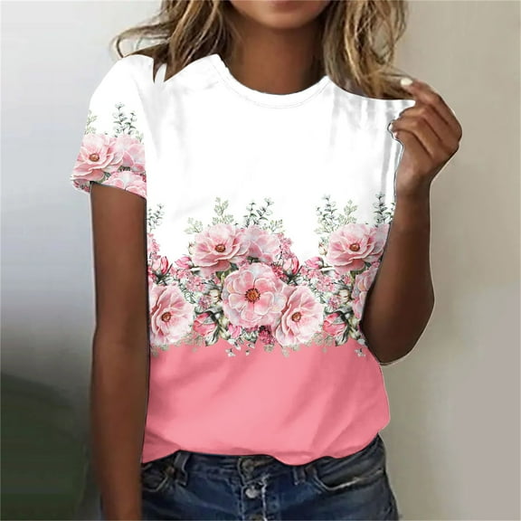 Aloohaidyvio Summer Tops for Women Plus Size,Womens Summer Fashion Flower Print Round Neck Short Sleeve T-Shirt Tops