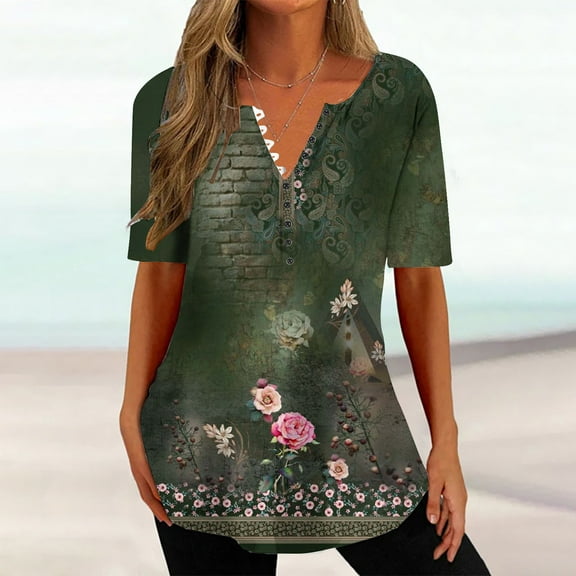 Aloohaidyvio Summer Tops for Women Plus Size,Womens Summer Tops V Neck T Shirts Printed Tops Button Loose Casual Tshirts