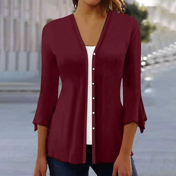 Aloohaidyvio Summer Tops for Women Short Sleeves,Fashion Women Summer 3/4 Sleeve Cardigan Solid Color Casual Blouse Tops