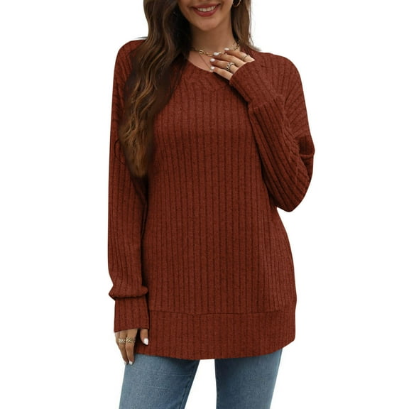 Aloohaidyvio Sweaters for Women 2024 Winter Loose Long Sleeve Crew Neck Knit Shirts Lightweight Casual Business Pullover Brown XL