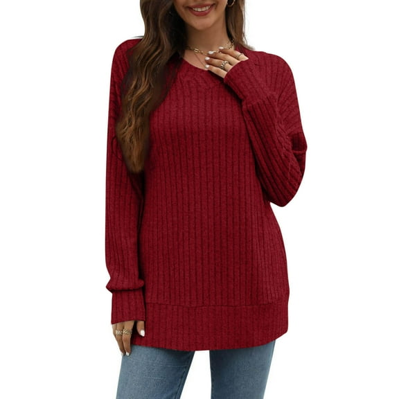 Aloohaidyvio Sweaters for Women 2024 Winter Loose Long Sleeve Crew Neck Knit Shirts Lightweight Casual Business Pullover Wine L