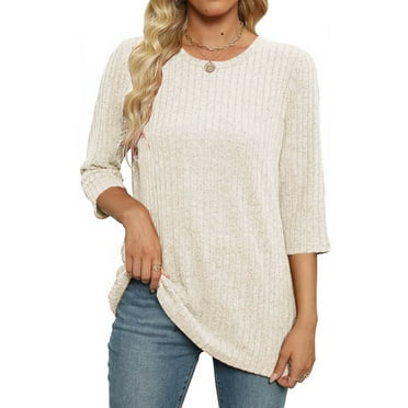 Aloohaidyvio Sweaters for Women 3/4 Sleeve Basic Tops Round Neck Loose Casual Soft Knit Blouses Beige 2XL