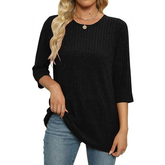 Aloohaidyvio Sweaters for Women 3/4 Sleeve Basic Tops Round Neck Loose Casual Soft Knit Blouses Black S