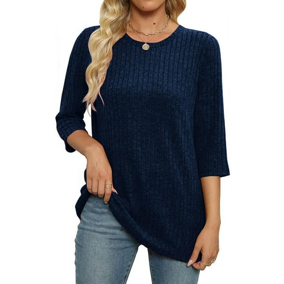Aloohaidyvio Sweaters for Women 3/4 Sleeve Basic Tops Round Neck Loose Casual Soft Knit Blouses Blue L
