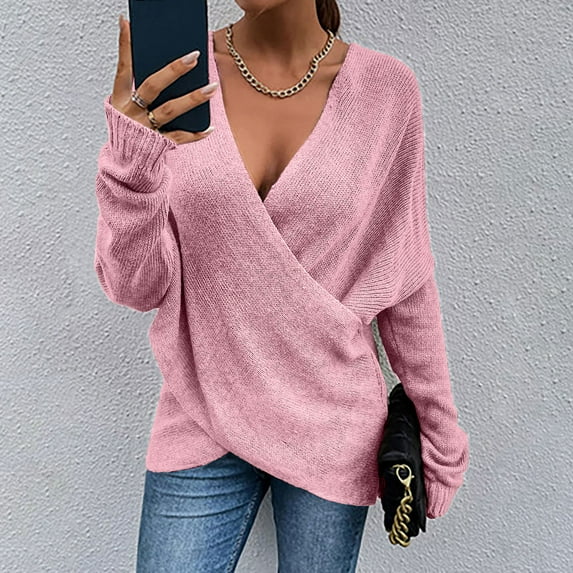 Aloohaidyvio Sweaters for Women,Fashion Women Solid Color Long Sleeve Pullove V-Neck Shirt Sweater Tops