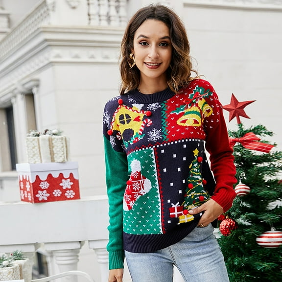 Aloohaidyvio Sweaters for Women,Ladies Christmas Sweater Snowflake Christmas Tree Long Sleeve Knitted Pullover
