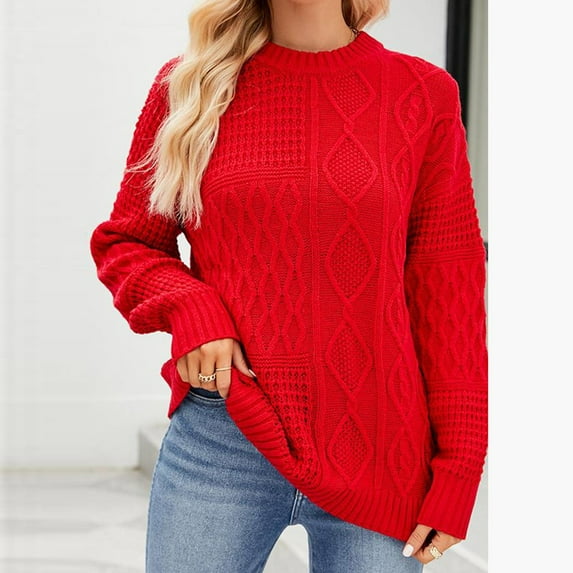 Aloohaidyvio Sweaters for Women,Women's 2024 Fall Winter Solid Round Neck Long Sleeve Knitted Loose Sweater