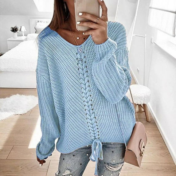 Aloohaidyvio Sweaters for Women,Womens Fashion Solid Long Sleeve Sweater Loose V-Neck Knitting Sweater
