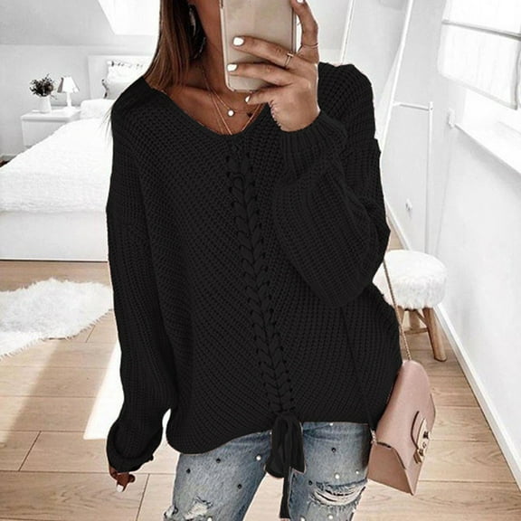 Aloohaidyvio Sweaters for Women,Womens Fashion Solid Long Sleeve Sweater Loose V-Neck Knitting Sweater