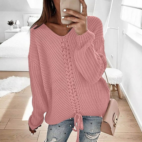 Aloohaidyvio Sweaters for Women,Womens Fashion Solid Long Sleeve Sweater Loose V-Neck Knitting Sweater