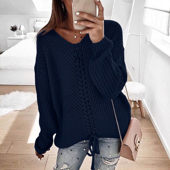 Aloohaidyvio Sweaters for Women,Womens Fashion Solid Long Sleeve Sweater Loose V-Neck Knitting Sweater
