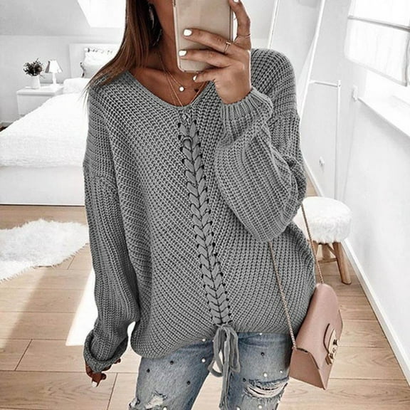 Aloohaidyvio Sweaters for Women,Womens Fashion Solid Long Sleeve Sweater Loose V-Neck Knitting Sweater