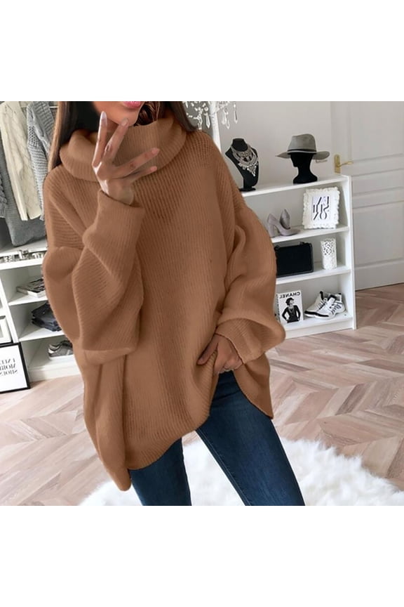 Sweaters for Women,Womens Solid Color Knit Pile Collar Plus Size Loose Turtleneck Sweater