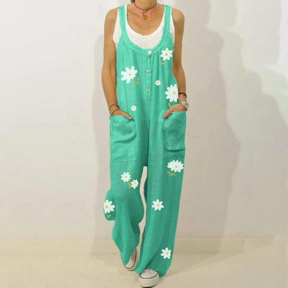 Aloohaidyvio Sweatpants for Women,Womens Buttoned Round Neck Floral Print Casual Comfortable Camisole Jumpsuit
