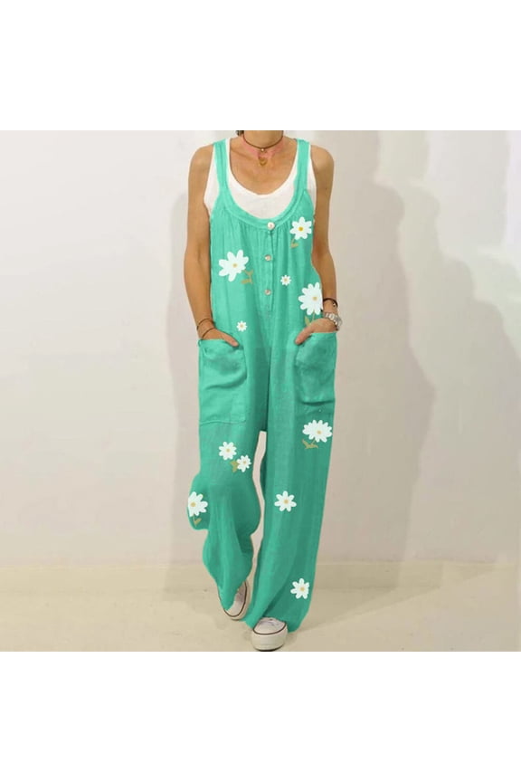 Sweatpants for Women,Womens Buttoned Round Neck Floral Print Casual Comfortable Camisole Jumpsuit