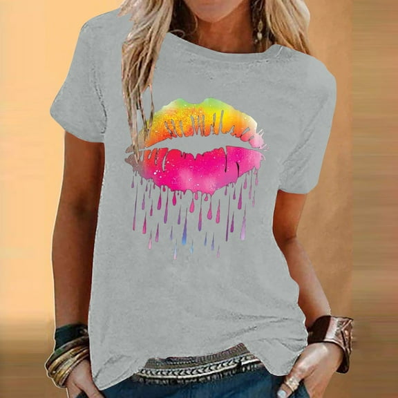 Aloohaidyvio T Shirts for Women $5,Womens Fashion Colorful Lips Printed Short Sleeve T-Shirt Round Neck Loose Retro Tops