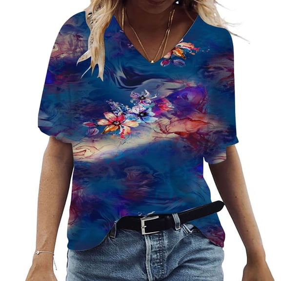Aloohaidyvio T Shirts for Women Plus Size,Womens Fashion Casual Plus Size Scenic Flowers Printing V-Neck T-Shirt Tops