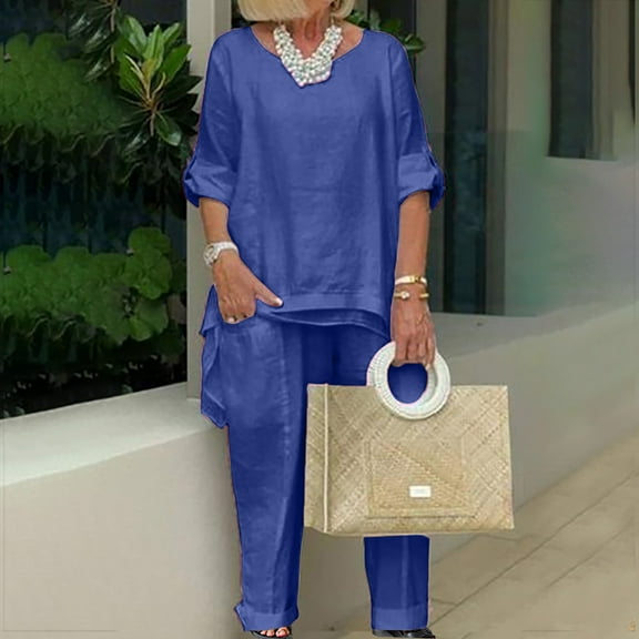 Aloohaidyvio T Shirts for Women Plus Size,Womens Solid Cotton Linen Round Neck Long Sleeve Loose Casual Set