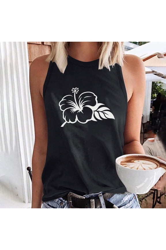 Tank Tops for Women,Women's Casual Flower Print Basic Tank Tops 2024 Round Neck Soft Sleeveless T-shirt Summer Loose Shirts