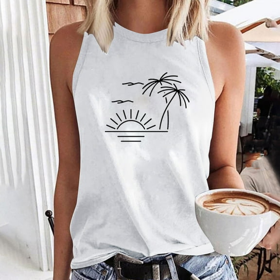 Aloohaidyvio Tank Tops for Women,Women's Summer Beach Print Basic Tank Tops 2024 Round Neck Soft Casual Loose Sleeveless Shirts