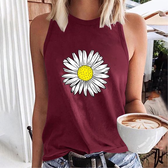 Aloohaidyvio Tank Tops for Women,Women's Summer Flower Print Basic Tank Tops 2024 Round Neck Soft Casual Loose Sleeveless Shirts