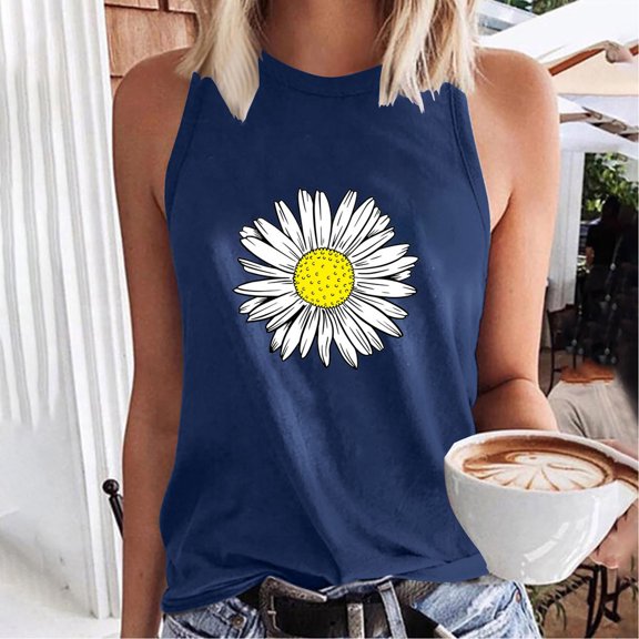 Aloohaidyvio Tank Tops for Women,Women's Summer Flower Print Basic Tank Tops 2024 Round Neck Soft Casual Loose Sleeveless Shirts