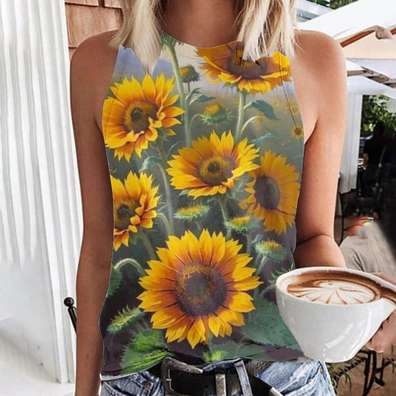 Aloohaidyvio Tank Tops for Women,Women's Summer Sunflower Print Basic Tank Tops 2024 Round Neck Soft Casual Loose Sleeveless Shirts