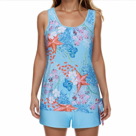Aloohaidyvio Tankini Swimsuits for Women Loose Fit Floral Printed Modest Two Piece Bathing Suits on Clearance Blue L
