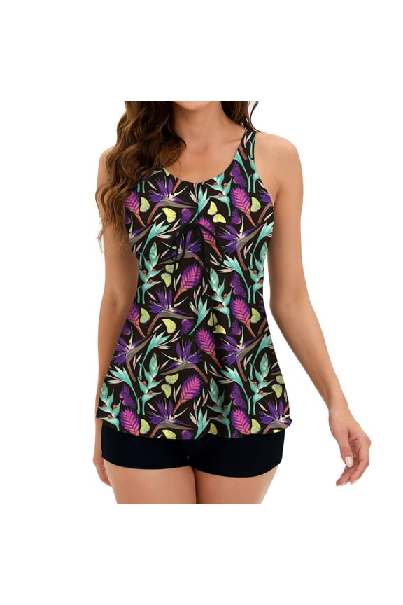 Tankini Swimwear for Women Plus Size,Tummy Control Swimsuits for Women 2pcs Boho Flower Printed Swimsuits Tankini Top with Bikini Triangle Swim Shorts S-2XL