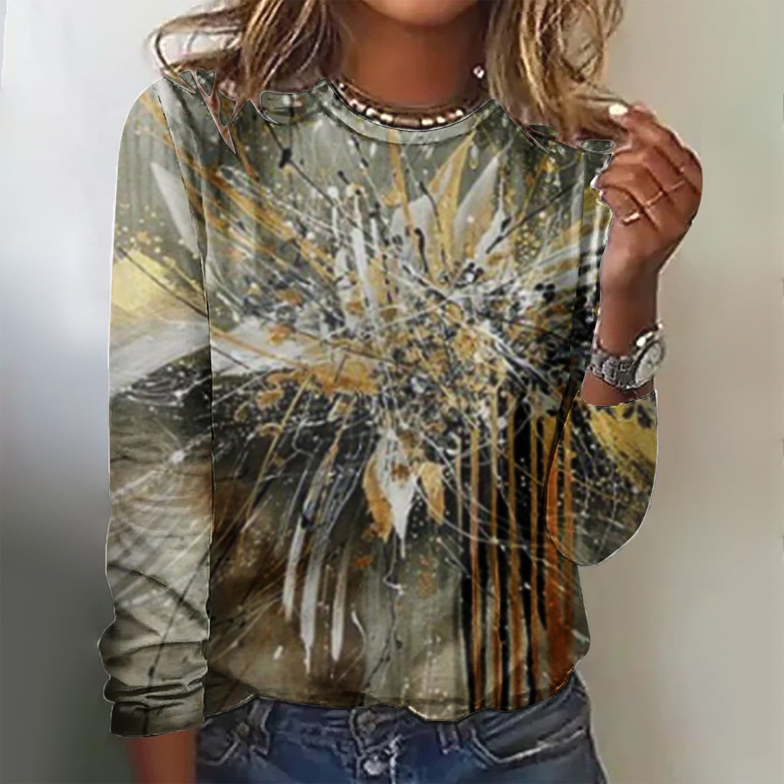 Aloohaidyvio 2024 Summer Plus Size Topswomens Printed Round Neck Pullover Long Sleeved Casual 9423