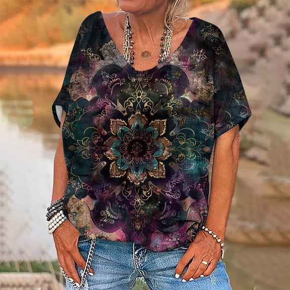 Aloohaidyvio Tops V Neck Mexican Shirts for Women Short Sleeve Floral Vintage Tops Ethnic Style Loose Peasant Tee Shirt