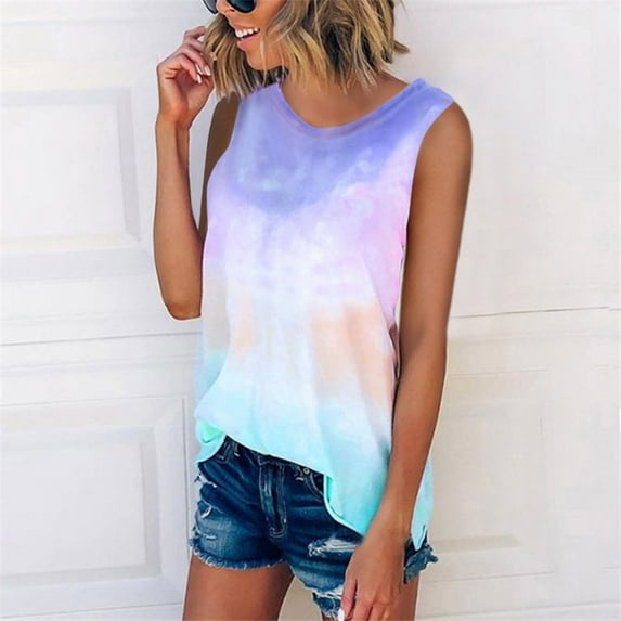 Aloohaidyvio Tops for Women,Fashion Woman Round Neck Sleeveless Blouse T-Shirt Printing Loose Tank Tops