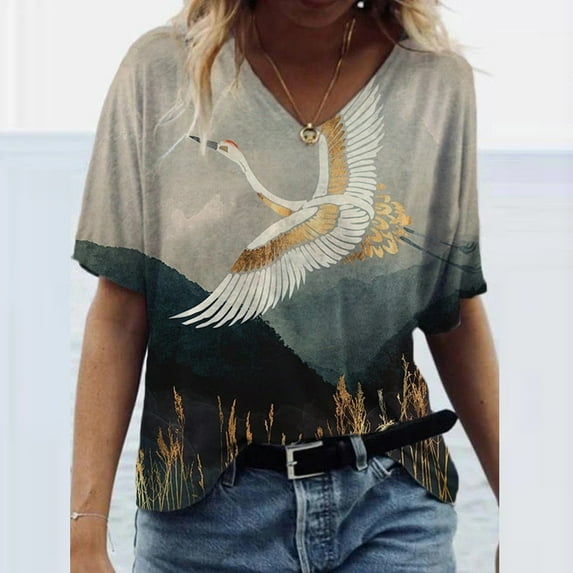 Aloohaidyvio Tops for Women,Fashion Womens Summer Printed Short Sleeve Crew-Neck T-Shirt Casual Tee Tops