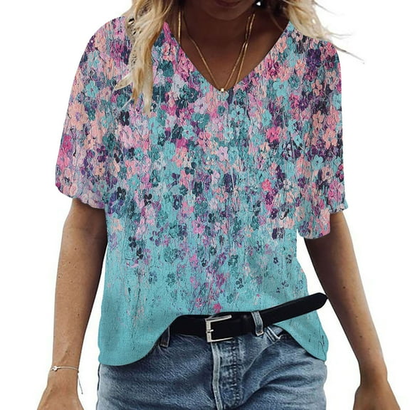 Aloohaidyvio Tops Womens Fashion Casual Scenic Flowers Printing V-Neck T-Shirt Tops