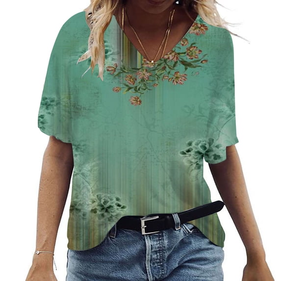 Aloohaidyvio Tops Womens Fashion Casual Scenic Flowers Printing V-Neck T-Shirt Tops