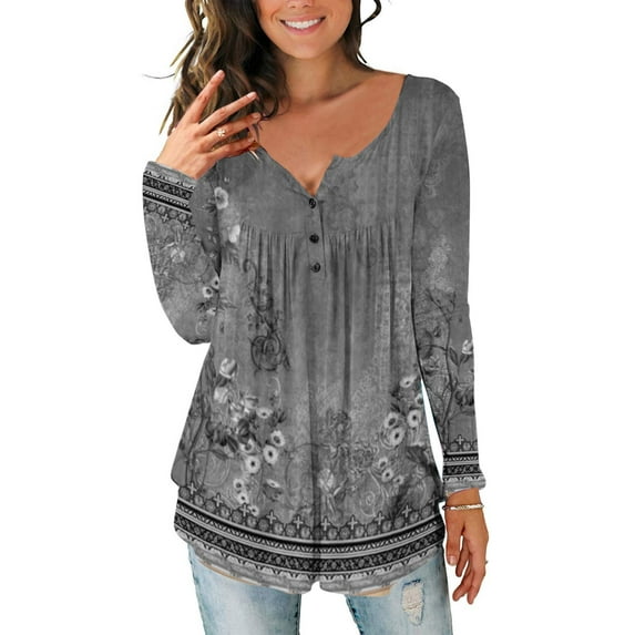 Aloohaidyvio Tops for Women,Women Fashion Summer Fold Printed Regular Long Sleeves V Neck Button Top