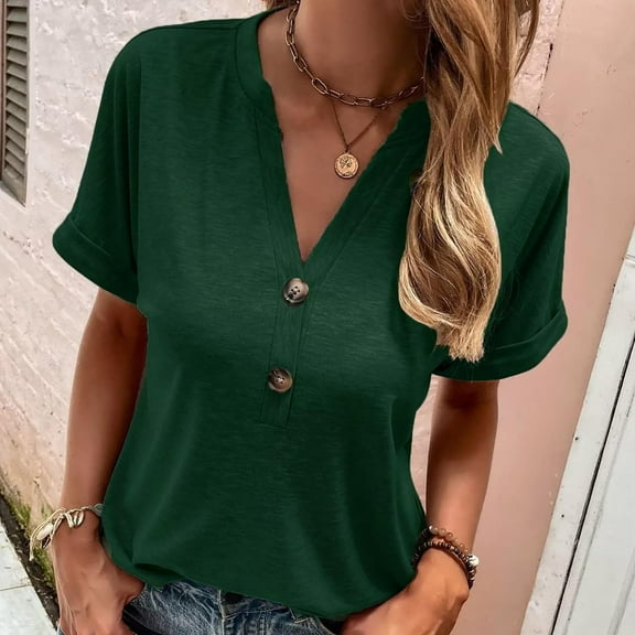 Aloohaidyvio Tops for Women,Womens Fashion Summer V Neck Leisure Short Sleeve Buttons Solid Tops