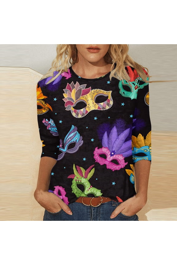 Tops for Women,Womens Mardi Gras Mask Glitter Printed T-Shirt Round Neck Seven Sleeve Top Sweatshirt,Mardi Gras Clothing Women