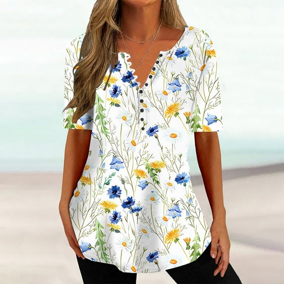 Aloohaidyvio Tops for Women,Womens Summer Tops V Neck T Shirts Printed Tops Button Loose Casual Tshirts