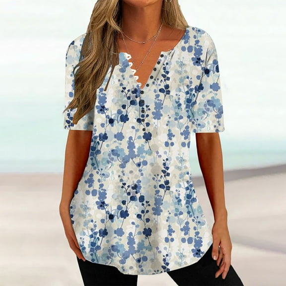 Aloohaidyvio Tops for Women,Womens Summer Tops V Neck T Shirts Printed Tops Button Loose Casual Tshirts